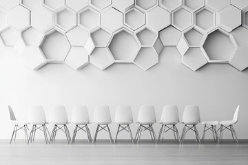 Minimalist conference room with abstract honeycomb wall. AI generated illustration.