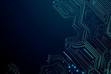 Abstract close-up of a glowing blue digital circuit board, showcasing intricate connections and technological design on a black background.
