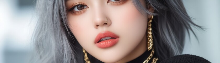 Explore the captivating world of minimalist fashion with this stunning image of a fashion-forward woman Her subtle elegance is enhanced by delicate gold rings, adding a touch of luxury to the overall