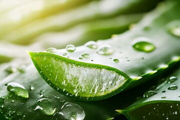Fototapeta premium Close-up of fresh aloe vera leaf with dew drops highlighting juicy interior