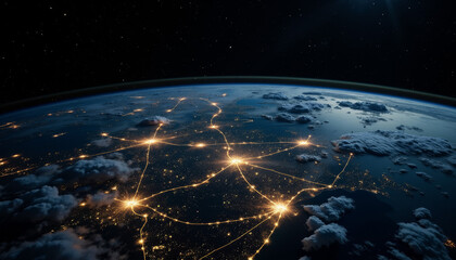 Obraz premium Illuminated Earth from orbit at night, global connectivity