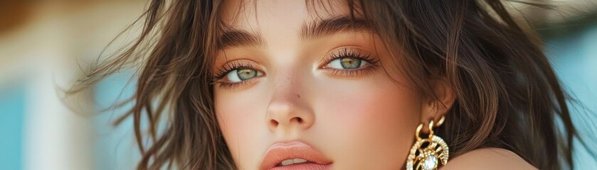 Fototapeta premium Explore the epitome of understated style with this portrait showcasing a fashion-forward woman exuding subtle elegance The delicate gold rings she wears add a touch of refined luxury to her