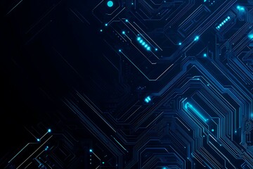 Abstract close-up of a glowing blue digital circuit board, showcasing intricate connections and technological design on a black background.

