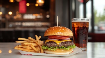 Juicy cheeseburger with fresh toppings and crispy fries served alongside cola in a vibrant diner setting