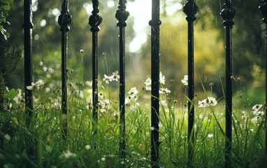 Rainy day tranquility: Iron fence, flowers and nature's gentle embrace