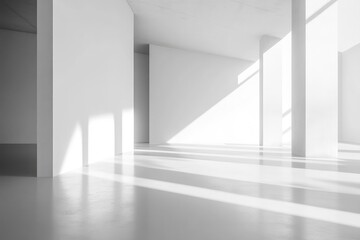 Minimalist exhibition hall with blank wall for display. AI generated illustration.