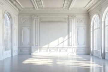 Minimalist exhibition hall with blank wall for display. AI generated illustration.