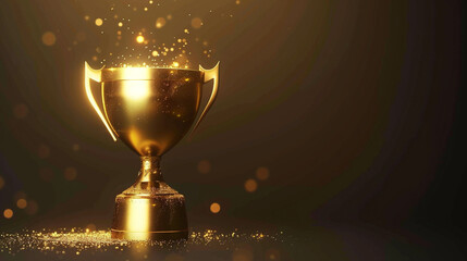 Floating 3D gold trophy with sparkles and glowing edges