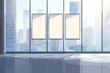 Minimalistic exhibition interior with city view and three empty banners. AI generated illustration.