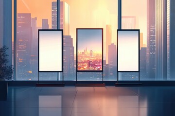 Minimalistic exhibition interior with city view and three empty banners. AI generated illustration.