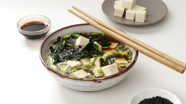 close up miso soup with tofu wooden chopstick in bowl food