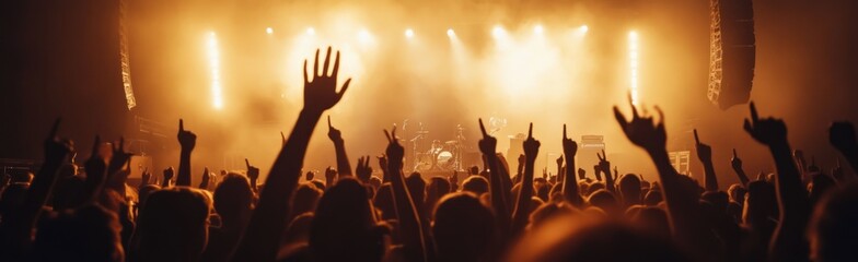 Energetic concert crowd with raised hands immersed in vibrant stage lights