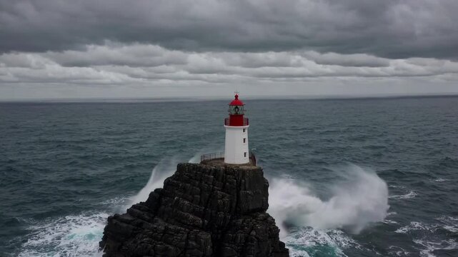 Powerful waves crashing against rocky coastline near la jument lighthouse, dramatic cloudy background highlighting stormy seascape's rugged maritime environment