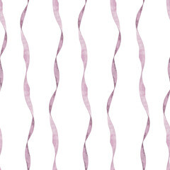 Violet satin ribbons. Wavy vertical seamless pattern. Hand drawn watercolor illustration. Curve tapes ornament. Background for coquette beauty girl design. Template for Valentines, wallpaper, textile.