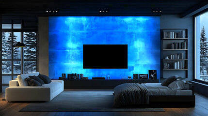 Modern Bedroom with Blue-Lit Wall TV