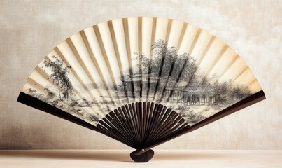 A large fan with a picture of a house and trees on it