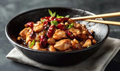 A bowl of spicy chicken with chopsticks