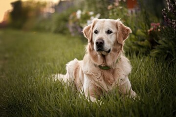 A golden retriever sits on lush green grass, surrounded by colorful flowers in a serene outdoor setting during sunset.