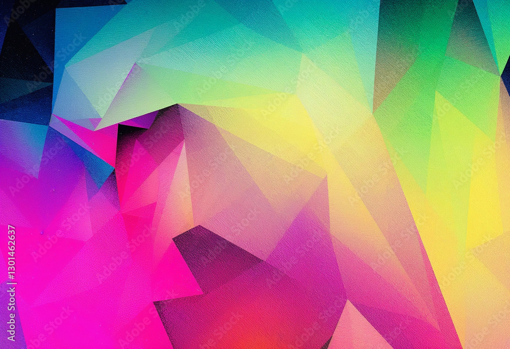 Poster colorful polygonal abstract design with vibrant shades of pink, green, and yellow, creating a sharp 