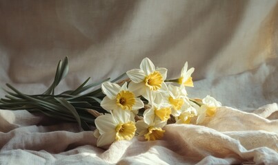 Obraz premium A bouquet of yellow and white flowers sits on a white cloth