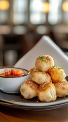 Steamed Nepali momo dumplings served with tomato and sesame dipping sauce in a warm, Himalayan-inspired setting