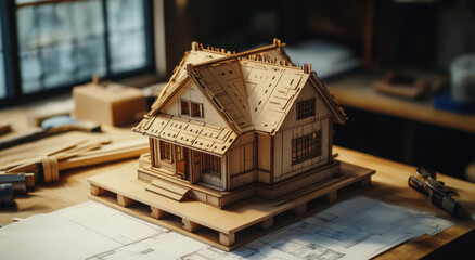 Intricately designed wooden model of a house sits on a workbench surrounded by tools and blueprints in a craft studio