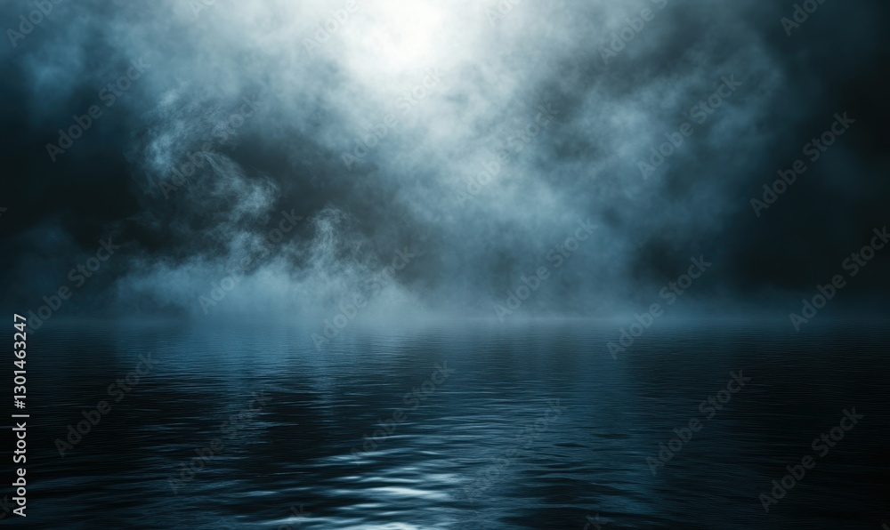 Poster serene and mysterious fog over water surface with subtle light breaking through clouds at dawn or du