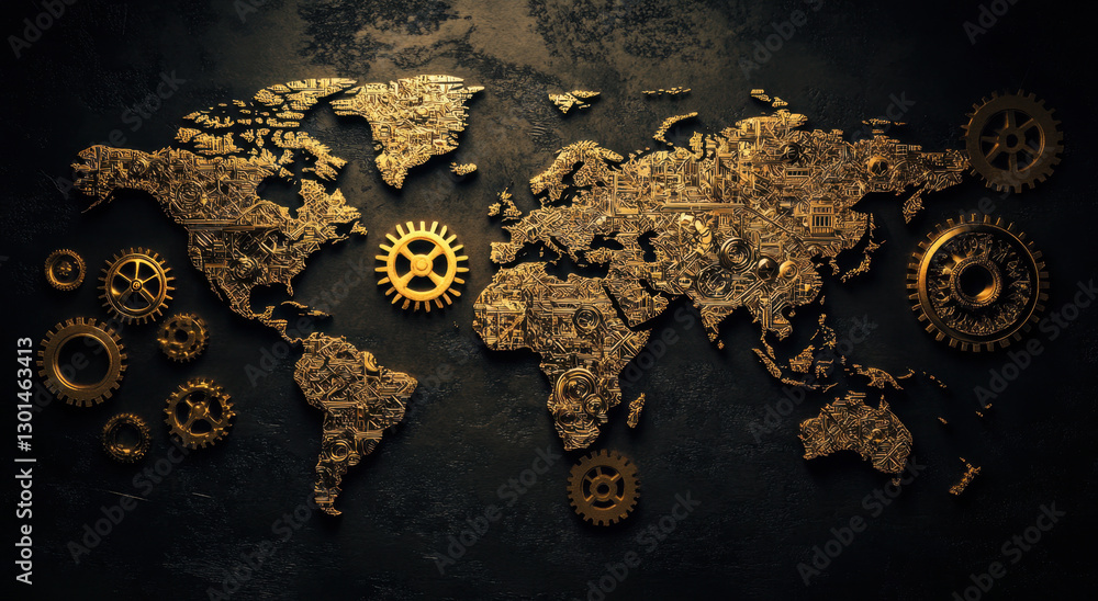 Poster an intricate world map made from golden gears reflects the theme of global interconnection and techn