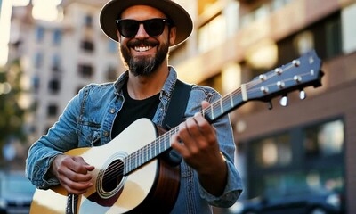 Joyful Street Musician Playing Acoustic Guitar