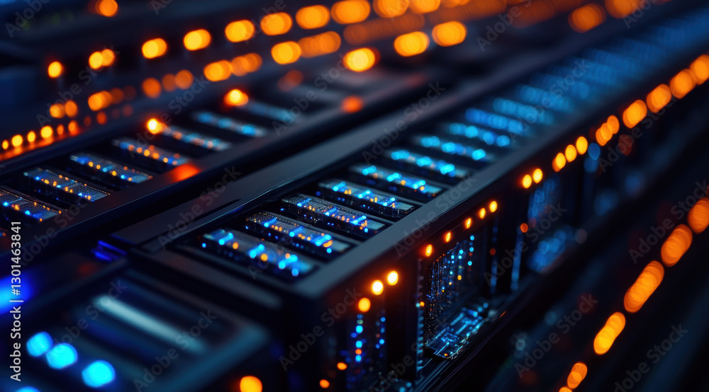 Poster illuminated server racks fill a futuristic data center with glowing lights, representing advanced te