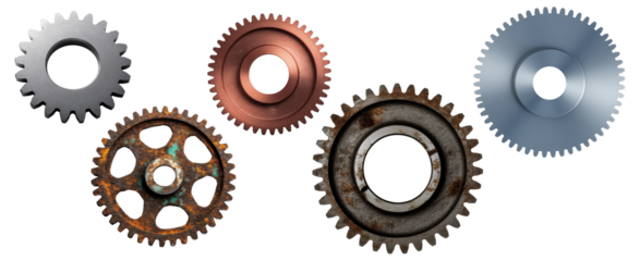 Set of gears, rusty, brass, metallic, chrome plated gears on transparent background. Layouts for industrial art design.