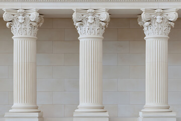 Obraz premium Three elegant, fluted columns with ornate Corinthian capitals stand against a textured wall, showcasing classical architectural beauty and design.