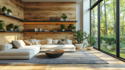 Fototapeta premium Modern living room with wooden wall and garden view