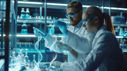 Scientists in a high-tech lab analyzing DNA strands
