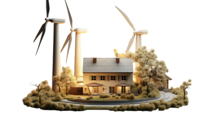3D Render Wind Turbines and Solar Panels isolated on transparent background, PNG