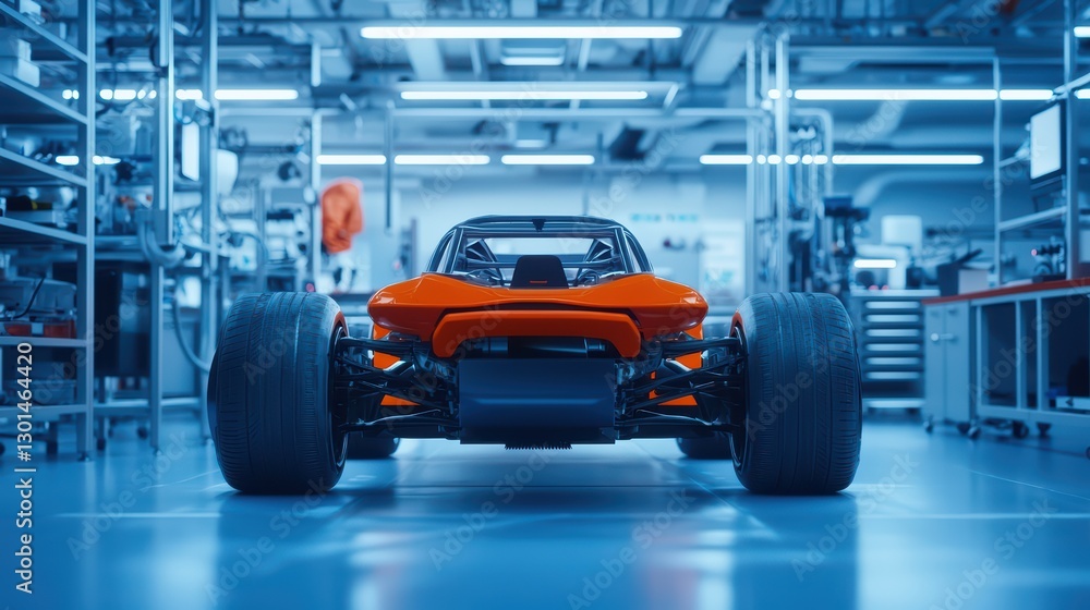 Poster red prototype automobile being tested in high-tech lab environment