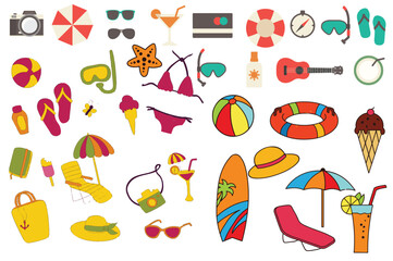 collection of summer themed vector illustrations, including beach items, ice cream, sunglasses, flip-flops, and tropical elements. Perfect for vacation, travel, and holiday designs