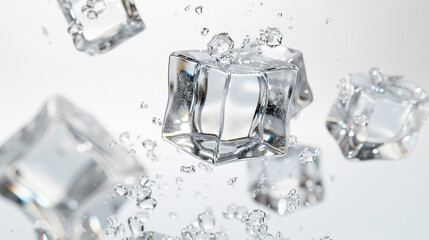 Transparent ice cubes with light refractions in hyper-realistic style