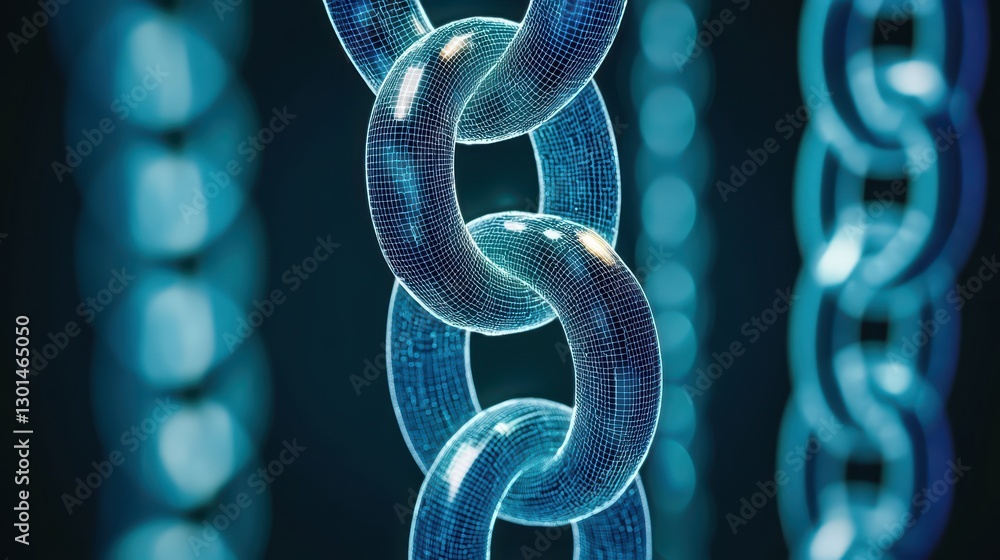 Poster glowing digital chain links representing blockchain technology in cyberspace chaos