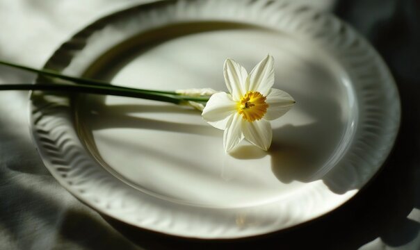 A white plate with a single white flower on it