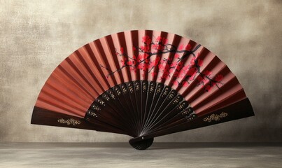 A red and brown fan with a tree design on it