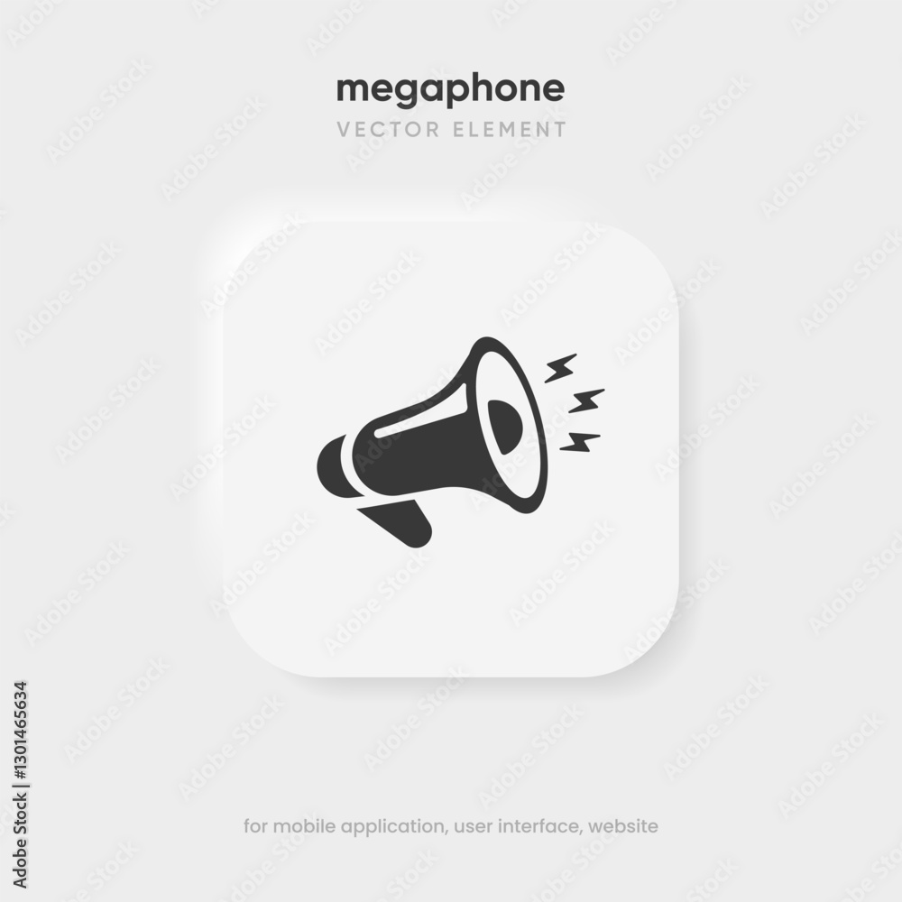 Fototapete Speaker and sound icon. Computer voice icon. Megaphone and music icon. Sound pictogram. Musical note. Audio sign. UI UX element. Sound button. Audio system, noise with soft UI, push button.