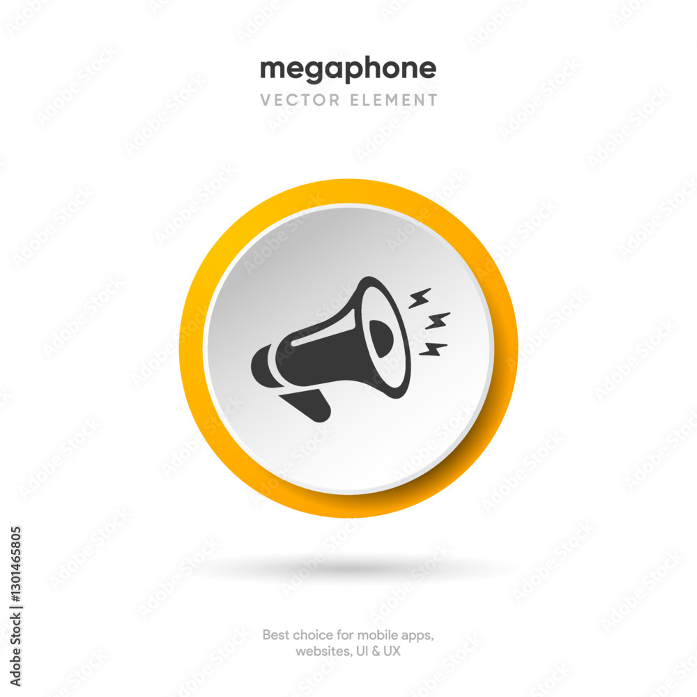 Fototapete Speaker and sound icon. Computer voice icon. Megaphone and music icon. Sound pictogram. Musical note. Audio sign. UI UX element. Sound button. Audio system, noise with soft UI, push button.