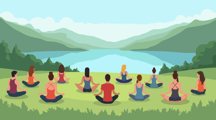 Fototapeta premium Outdoor Group Meditation, Serene Lakeside Yoga Retreat in a Mountain Landscape