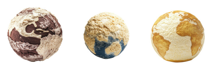 Naklejka premium set of a cheesecake globe spherical sculpture resembling isolated a transform background.