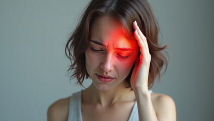 A young woman suffering from a headache highlighted by a red light effect in a digital illustration.