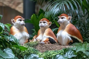 Fototapeta premium Monkeys Sit in Nest Amid Lush Greenery