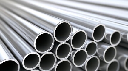 Stack of shiny, metallic pipes, industrial background, close-up view of metal tubes.
