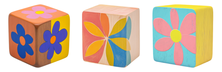 Wooden Blocks with Floral Designs for Kids Isolated on transparent background