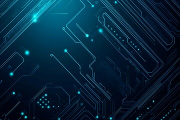 Abstract close-up of a glowing blue digital circuit board, showcasing intricate connections and technological design on a black background.
